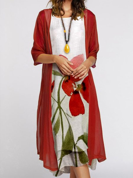 

Loosen Floral Crew Neck Two Piece Sets, Red, Suit Set