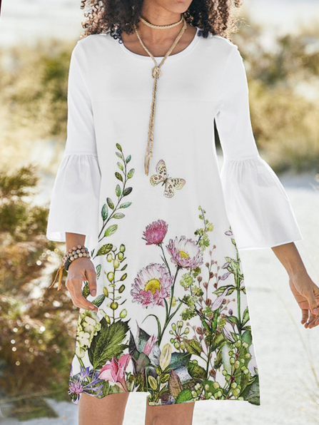 

Floral Vacation Crew Neck Frill Sleeve Long Sleeve Knit Dress, White, Mini Dresses