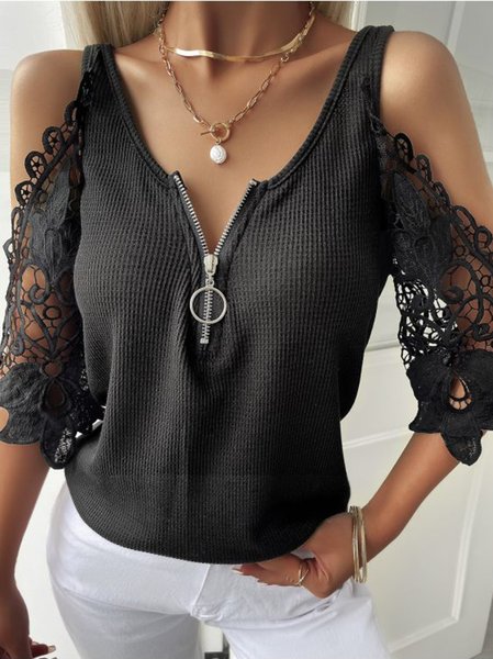 

Guipure Hollow Out Casual Short Sleeve Tops, Black, T-Shirts