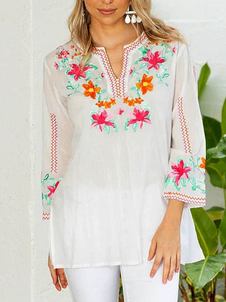 

Casual Tribal V Neck Long Sleeve Tops, White, Long sleeve tops