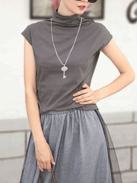 

Stand Collar Basics Short Sleeve T-Shirt, Gray, Tees