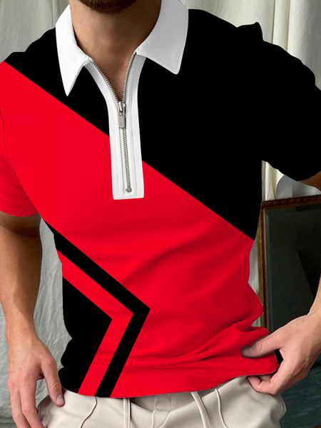 

Casual Art Collection Geometric Striped Color Block Lapel Short Sleeve Polo Print Top, Red, Polos