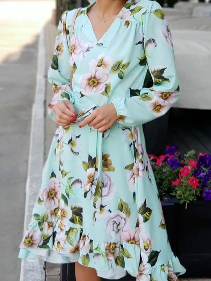 

vacation Loosen V Neck Floral Long Sleeve women Dress, Light blue, Dresses
