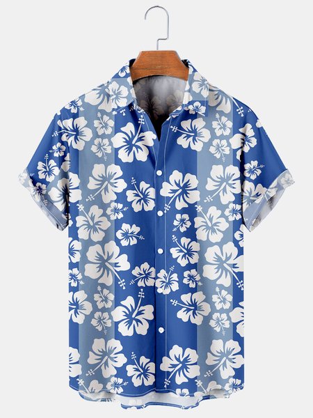 

Mens Hibiscus Print Lapel Loose Short Sleeve Funky Hawaiian Shirts, Blue, Men's Floral shirt