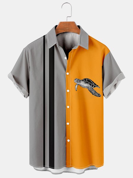 

Mens Retro Sea Turtle Print Lapel Loose Short Sleeve Funky Hawaiian Shirts, Gray, Men's Floral shirt