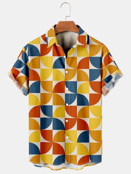 

Mens Retro Geo Print Lapel Loose Short Sleeve Funky Hawaiian Shirts, Yellow, Men's Floral shirt