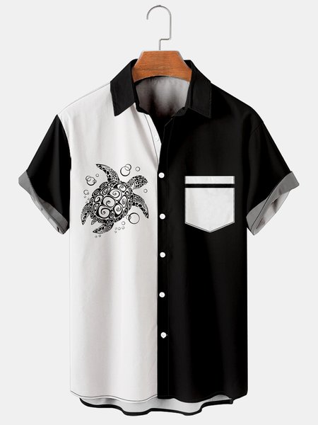 

Mens Sea Turtles Print Lapel Loose Chest Pocket Short Sleeve Bowling Shirts, Black, Men's Floral shirt