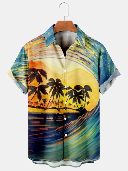 

Mens Wave Coconut Tree Print Casual Breathable Hawaiian Short Sleeve Shirt, Yellow, Men's Floral shirt