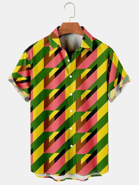 

Mens Retro Geo Print Lapel Loose Short Sleeve Funky Hawaiian Shirts, Yellow, Men's Floral shirt