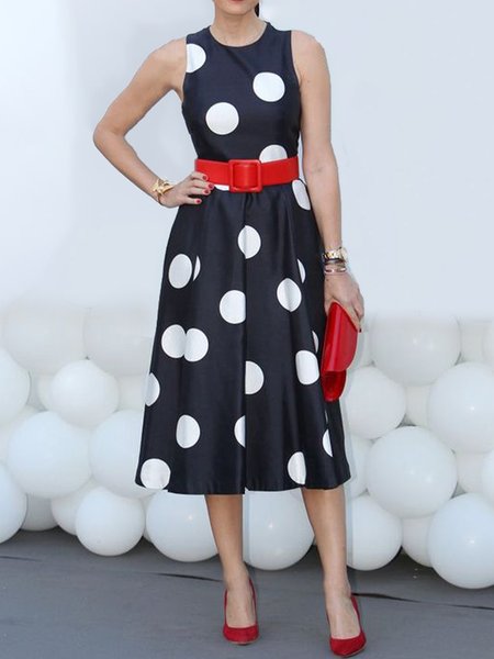 

Polka Dots Crew Neck Elegant Short Sleeve Woven Midi Dress, Black-white, Midi Dresses