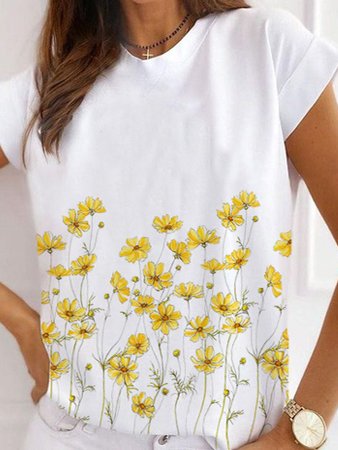 

Loosen Crew Neck Floral Short Sleeve T-Shirt, White, T-Shirts
