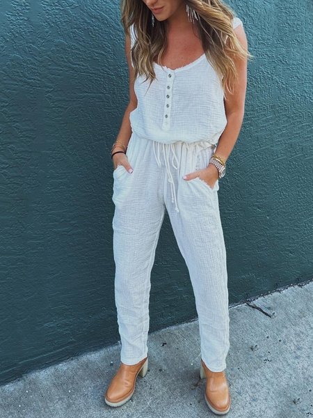 

Casual Buttoned Lace-up Cotton Jumpsuit & Romper, White, Jumpsuits