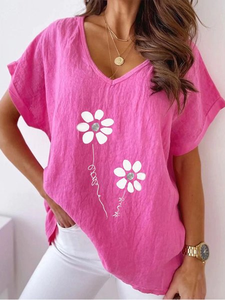 

Casual Floral V Neck Loosen Short Sleeve Top, Rose red, Tees & T-shirts