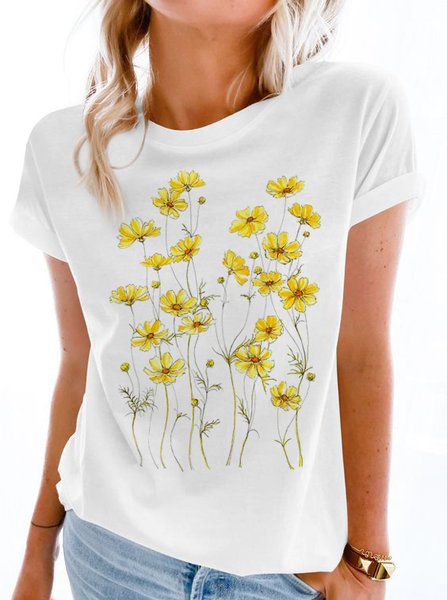 

Floral Crew Neck Vacation Short Sleeve T-Shirt, White, Tees & T-shirts