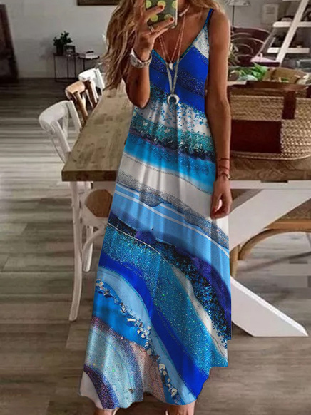 

Vacation Ombre V Neck Sleeveless Knit Dress, Blue, Dresses