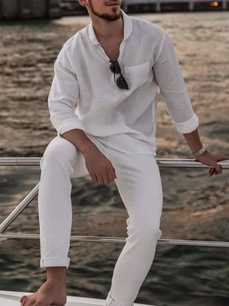 

Cotton Linen Style American Casual Basic Versatile Linen Shirt, White, Blouses&Shirts