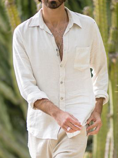 

Cotton Linen Style American Casual Basic Versatile Linen Shirt, White, Blouses&Shirts
