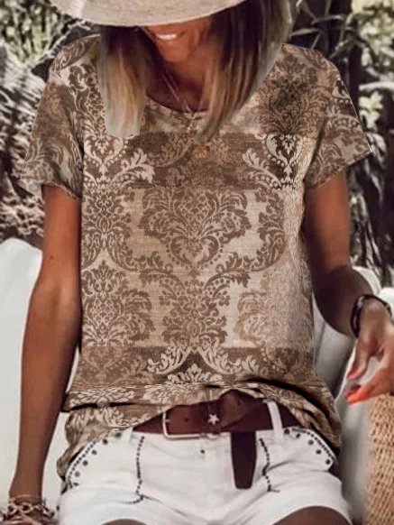 

Casual Cotton Blends Tribal Short Sleeve T-Shirt, Khaki, Blouses & Shirts