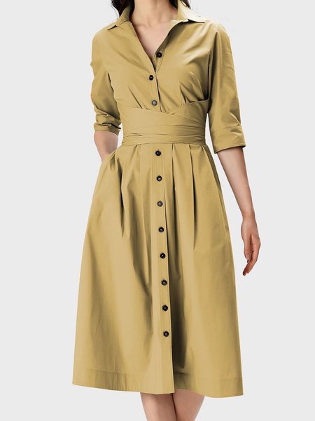 

Summer Lightweight Plain Short Sleeve Woven Daily Dress, Yellow, Midi Dresses
