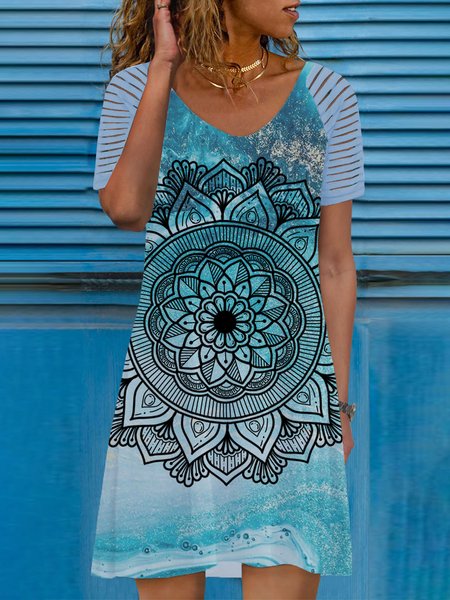 

Casual Vintage Tribal Short Sleeve V Neck Mini Dress, Blue, Dresses