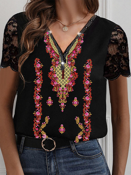 

Vacation Casual Sequins V-neck Lace Short Sleeve T-Shirt, Black, T-Shirts