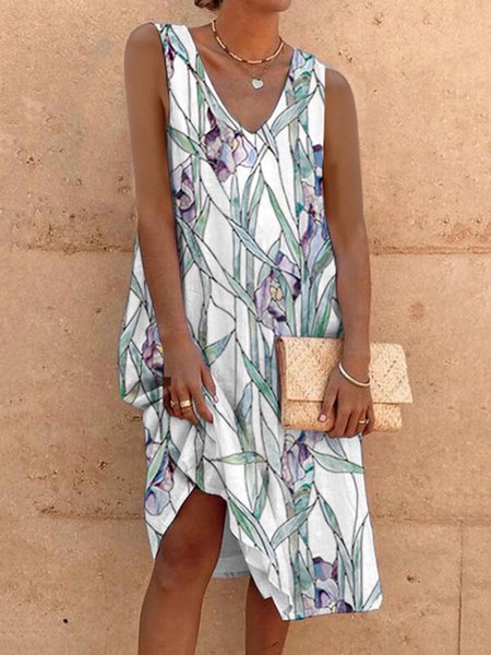 

Vacation V Neck Floral Loosen Short Sleeve women Dress, White, Dresses