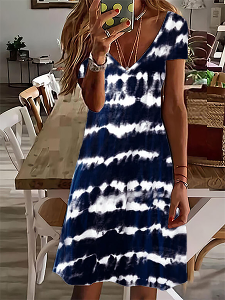 

Plus size Casual V neck Short Sleeve Dress, Purplish blue, Mini Dresses
