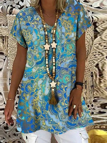 

Plus Size Casual Tribal V Neck Short Sleeve Tops, Green, Tops