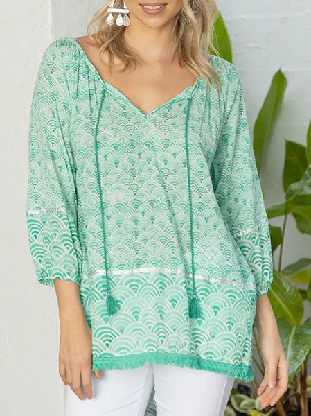 

Geometric Loosen V Neck Long Sleeve Tops, Green, Blouses & Shirts
