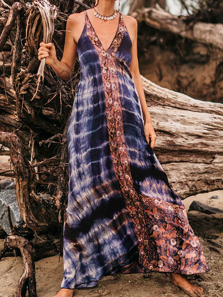 

Spaghetti Loosen Tie Dye Short Sleeve Woven Dress, Blue, Maxi Dresses