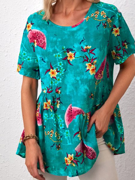 

Floral Crew Neck Short Sleeve Tops, Green, Tops