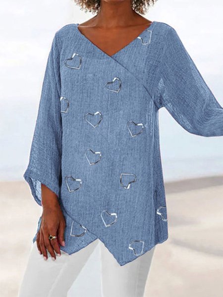 

Heart Loosen Casual V Neck Long sleeve tops, Blue, Long sleeve tops