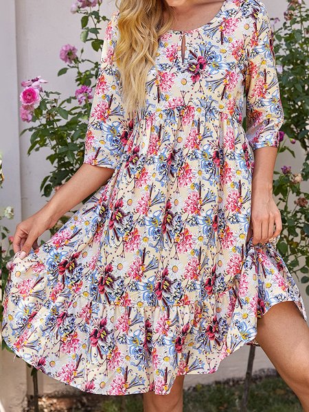 

Floral Crew Neck Casual Short Sleeve Woven Dress, Pink, Mini Dresses