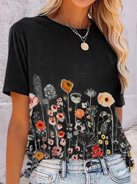 

Casual Floral Short Sleeve T-Shirt, Black, Tees & T-shirts