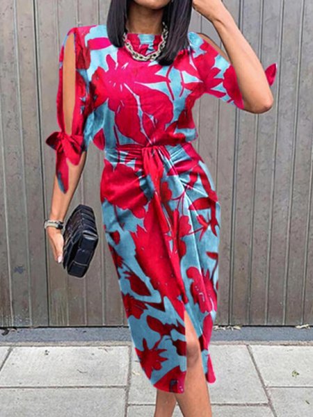 

Elegant Half Sleeve Floral Crew Neck Midi Dress, Rose red, Midi Dresses