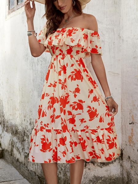 

Floral Frill Sleeve Boat Neck Short Sleeve women Dress, Red, Dresses