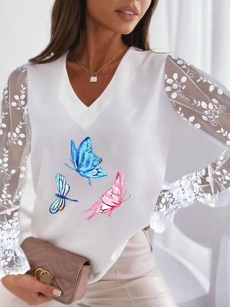 

V Neck Regular Fit Butterfly Long Sleeve Tops, White, Tops