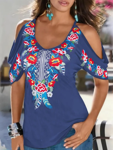 

Boho Printed Off The Shoulder Short sleeve Shirts & Tops, Blue, T-Shirts