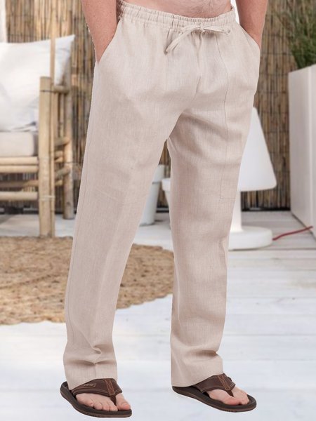 

Men's Solid Color Cotton Linen Casual Trousers, Apricot, Pants