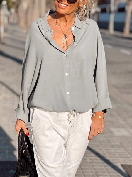 

Casual Buttoned Solid Shirt Collar Long Sleeve Blouse, Gray, Blouses & Shirts