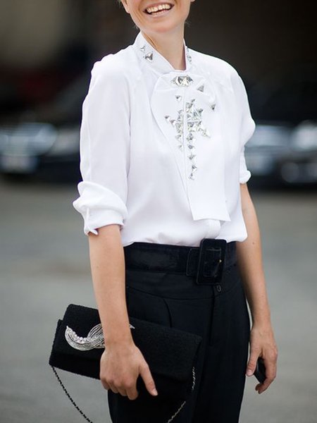 

Fashion Tie Neck Plain Long Sleeve Blouse, White, Blouses and Shirts