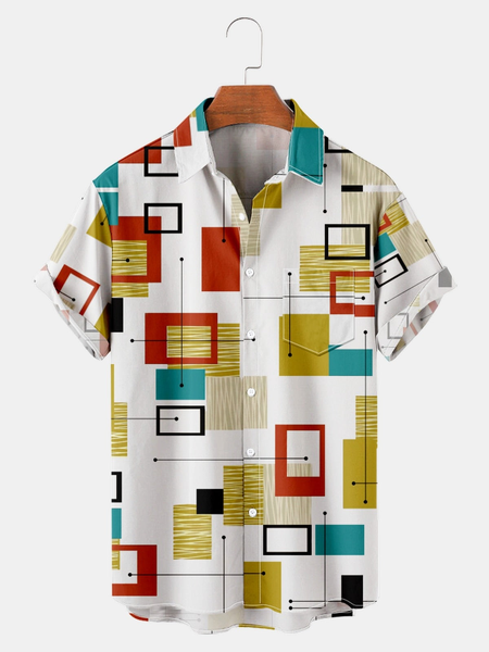 

Casual Style Art Series Geometric Color Block Element Lapel Short-Sleeved Printed Shirt Top, Apricot, Men's Floral shirt