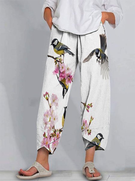 

Casual Floral And Bird Pants, White, Pants