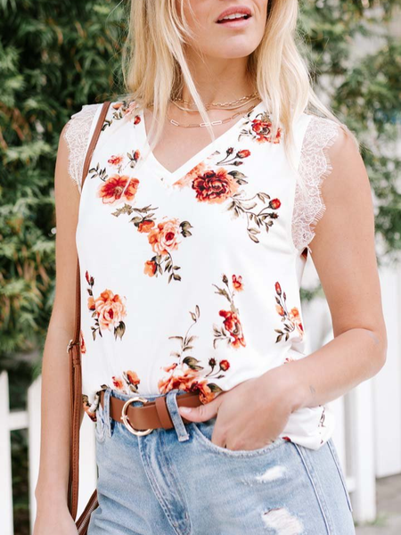 

vacation Vintage beach Loosen floral V Neck sleeveless Knit Tank, White, Tanks & Camis