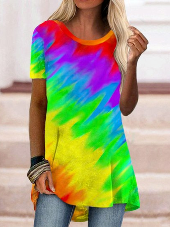

Ombre Cotton Blends Vacation Short Sleeve Tops, Multicolor, T-Shirts