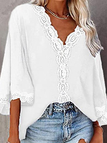 

Plain Flare Sleeve Lace Vacation Short Sleeve Tops, White, T-Shirts