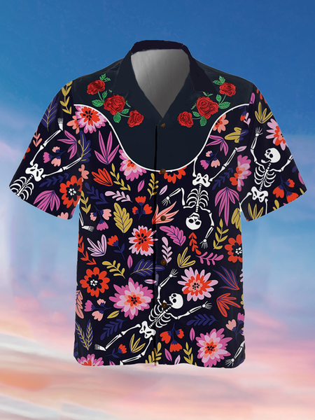 

Holiday Leisure Music Elements Floral And Skull Pattern Hawaiian Style Printed Shirt Top, As picture, Men's Floral shirt