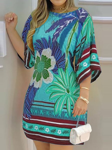 

Loosen Floral Crew Neck Short Sleeve Woven Dress, Green, Mini Dresses