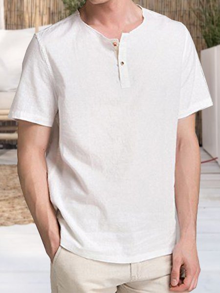 

Men's Plain Cotton Linen Sleeve Short Shirt, White, Shirts ＆ Blouse