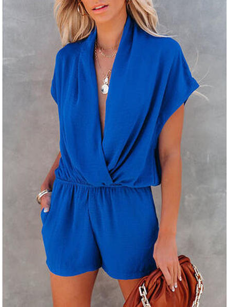 

Plain V Neck Casual Jumpsuit & Romper, Blue, Jumpsuits＆Rompers